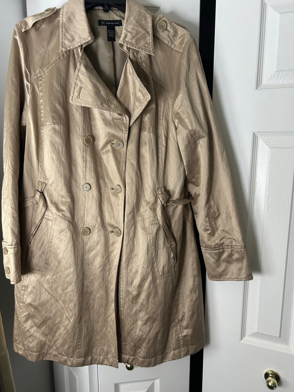 INC International Concepts Metallic Tan Double-Breasted Trench Coat